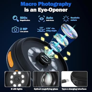 Digital Microscope Handheld with 2.0 Inch IPS Color Screen, 500x Magnifying Glass for Kids & Adults, Portable Mini Microscope Camera with 8 LED Lights, USB Compatible with PC Windows, Mac OS (Black) - Image 4