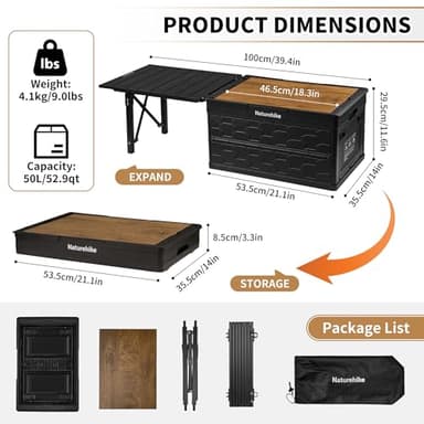 Naturehike Lispace Camping Table with Storage Box, 50L Collapsible Trunk Organizer with Lid, Folding Storage Bin for Camping Picnic Home - Image 2