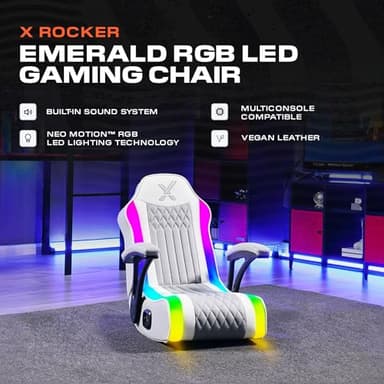X Rocker Emerald RGB LED Youth Floor Rocking Video Gaming Chair with Headrest Speakers, Armrests, Foldable, Vegan Leather, 300 lbs Max, Amazon Exclusive, Gray - Image 3