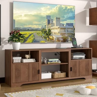 Fluted TV Stand for Tvs up to 80",Mid Century Modern TV Stand with Open Adjustable Shelf,Entertainment Center Wood TV Media Console with Cord Holes,TV Stand for Living Room Furniture Bedroom,Walnut - Image 6