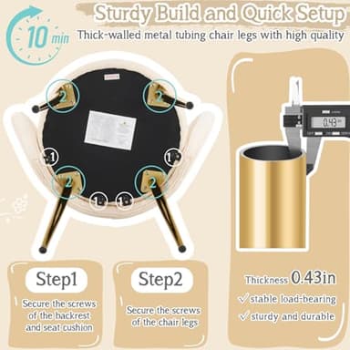 VINGLI Petal Makeup Vanity Chair with Back,Flower Cute Girls Desk Chair Comfy No Wheels,Modern Dining Chair,Small Accent Chair with Adustable Gold Legs&Bow Pillow for Home Office,Bedroom,Velvet,Beige - Image 7