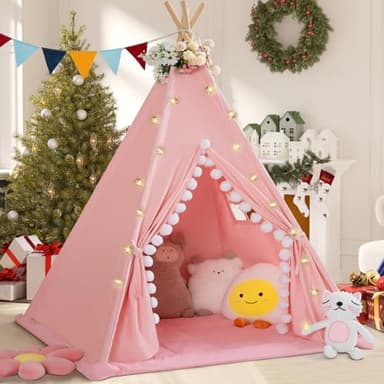 WIRHAO Teepee Tent for Kids with Padded Mat Cotton Canvas Kids Tent with Pompom for Toddlers Indoor Play Tent for Girls Boys with Stars Lights, Carry Bag, Banner Flag (Pink) - Image 1