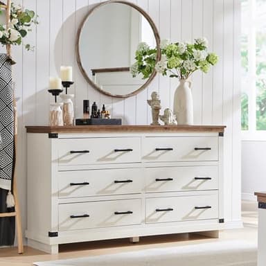 Farmhouse 6 Drawers Dresser for Bedroom, Wood Large Chest of Drawers with Thick Plank Styling, Rustic Closet Dresser for Bedroom or Living Room, Antique White - Image 1