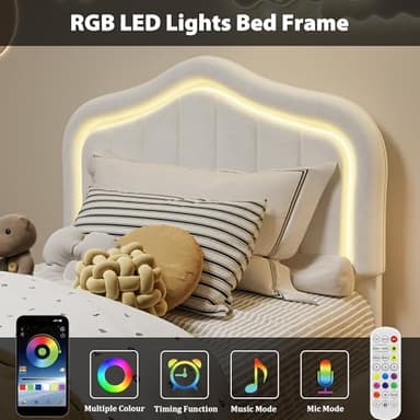 GarveeHome Twin Upholstered Bed Frame with Storage Drawer and Smart Led Headboard, Twin Size Platform Bed Frames for Kids, Wooden Slats Support, No Box Spring Needed, Easy Assembly, White - Image 4