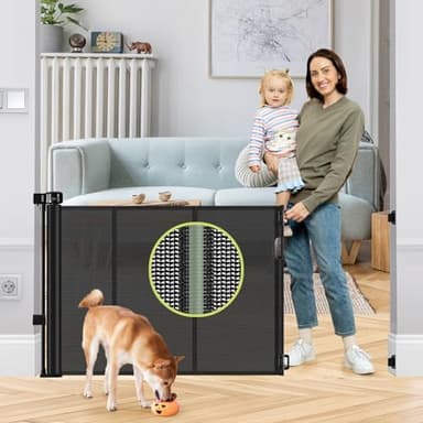 Reinforced 55" Wide Retractable Baby Gates with Reinforced Strips, Indoor/Outdoor Retractable Dog Gate for Doorway Prevent Bottom Drilling Through, No Bottom Bar Safety Mesh Baby Gate for Stair, Black - Image 1