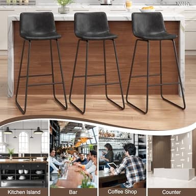 REONEY Bar Stools Set of 4, Faux Leather Counter Height Stools, 30" Modern Bar Stools with Metal Legs and Footrest, Urban Armless Counter Chairs with Back for Kitchen Island (Black) - Image 3