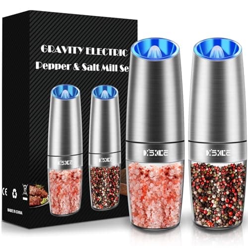 Gravity Electric Pepper and Salt Grinder Set, Salt and Pepper Mill & Adjustable Coarseness, Battery Powered with LED Light, One Hand Automatic Operation, Stainless Steel (Set/Silver) - Image 1