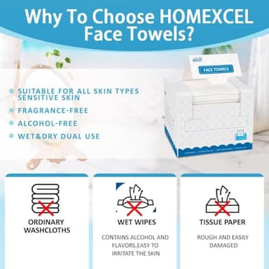 HOMEXCEL Face Towels, 100 Count (2 Box) Disposable Face Towelettes, Biodegradable Makeup Remover Dry Wipes, Super Soft Clean Facial Towels Wash Cloth for Sensitive Skin - Image 6