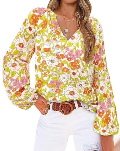 BTFBM Blouses for Women Dressy Casual Floral Boho Tops Trendy V Neck Lightweight Long Sleeve Shirts Fall Clothes 2025(Floral Yellow, Large) - Image 1