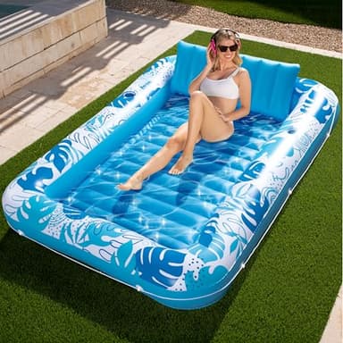 SLOOSH Inflatable Tanning Pool Lounger Float, 85" x 57" Extra Large Pool Floats Adult with Pillow, 4 in 1 Suntan Tub Raft Floatie,Sunbathing Bed Lounge for Water Blow Up Ball Pit Party Gifts, XL-Blue - Image 1