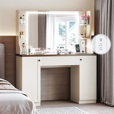 Makeup Vanity Desk with Mirror and Lights, Makeup Vanity Table with Power Outlet, Dressing Table with Storage, Adjustable Shelves, Touch Control – Elegant Retro Design, White Vanity Desk with Lights - Image 9
