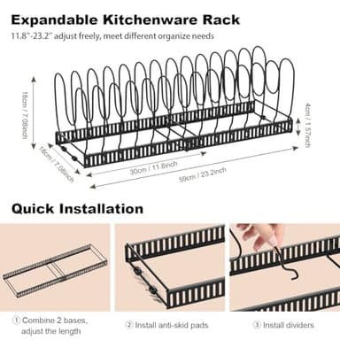Housolution Pot and Pan Organizer Rack for Cabinet, Expandable Pot Lid Organizer Holder with 14 Adjustable Dividers, Fully Expanded Size 22.83" W x 7.09" D x 7.09" H, Black - Image 5