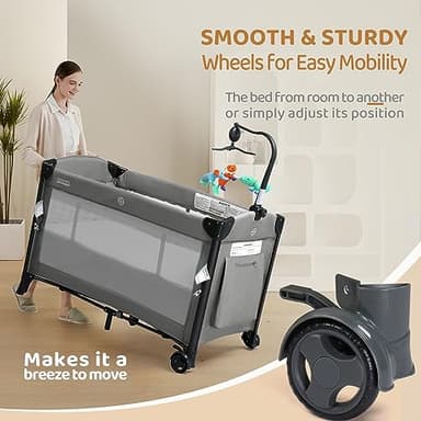 JOYMOR Baby Bedside Bassinet, Baby Bassinet, Pack n Play Convert Playpen, Quick Foldable Travel Bed with Wheels & Brake, Carry Bag for Boys Girls (Gray) - Image 7