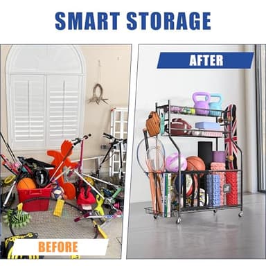 Mythinglogic Garage Sports Equipment Organizer, Baseball Storage Large Capacity, Sports Organizer for Garage with Hooks and Baskets, Ball Storage Rack for Football, Soccer Ball, Bat, Toys - Image 3