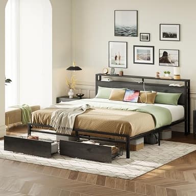 LIKIMIO California King Bed Frame with Storage Headboard, Platform Bed with Drawers and Charging Station, No Box Spring Needed, Easy Assembly, Charcoal Grey - Image 8