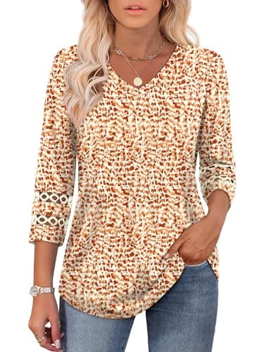 Womens Tops 3/4 Sleeve Blouses for Women Business Casual V Neck T Shirts Beach Vacation Clothes Eyelet Orange Dot XXL - Image 2