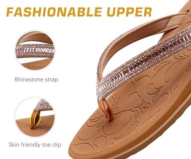 ONCAI Women's Flip Flops with Rhinestone, Arch Support Yoga Mat Comfort Walking Thong Sandal Summer Beach Outdoor Dressy Sandals for Women 2025 Walking Ladies Sandal Rubber Sole Khaki Size 9 - Image 4