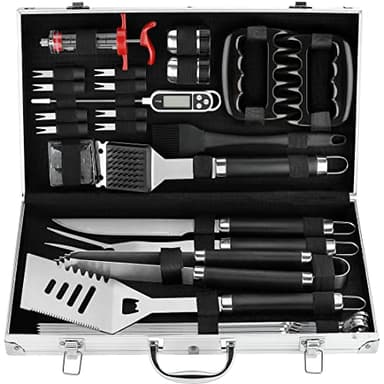 POLIGO 26PC Exclusive BBQ Grill Accessories in Aluminum Case for Birthday Christmas Grilling Gifts - Premium Grill Utensils Set with Barbecue Claws, Meat Injector, Thermometer for Smoker, Camping BBQ - Image 1