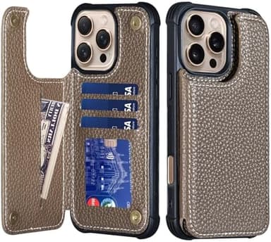 Thryxop Compatible with iPhone 16 Pro Max 6.9 Inch Wallet Case,Genuine Leather Shockproof Anti-Fall, Flip Cover with Card Slot, Double Magnetic Buckle,Kickstand Durable, Gray Brown - Image 3