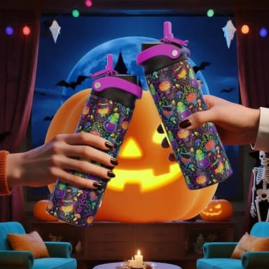 ENCOOL Halloween Gothic Water Bottle with Straw, Stainless Steel Insulated Water Bottle,Leak Proof, One-Touch Flip Lid, BPA Free, Holiday Gifts For Women Men, 24oz, Meowgic Night - Image 6