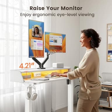 ErGear Standing Desk with LED Strip, 55″ x 28″ Electric Height Adjustable RGB Gaming Table with Shelf, Sit Stand Desk with Dual Cable Holes, C-Clamp Mount Compatible, 4 Preset Heights, White - Image 6