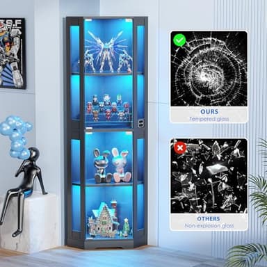 BROTTAR 65" Corner Glass Display Cabinet with LED Lights, 4-Tier Showcase Display Case with Glass Doors & Human Body Sensor for Collectibles, Liquor, Black - Image 7