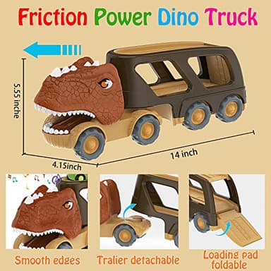 Veslier Dinosaur Car Toy for 2 3 4 5 Years Old Boys, Friction Power Carrier Truck with 4 Pack Small Pull Back Dino Car, Christmas Birthday Gift for 18+ Months Boy Girl Kids Toddlers - Image 4