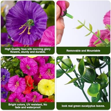 HyeFlora Artificial Flowers for Outdoors Fake Plants Outside Decoration, 12 Bundles Silk Colorful Morning Glory with Eucalyptus UV Resistant Realistic Faux Flowers for Planter Porch Patio Yard Garden - Image 7