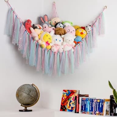 Stuffed Animal Hammock with LED Lights - 59 Inch Large Toy Storage Net for Kids Bedroom, Wall-Mounted Plush Organizer with Wooden Rings, Nursery Decor (Handwoven, Pink) - Image 4