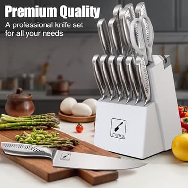 imarku Knife Set, Japanese HC Stainless Steel 15 PCS Kitchen Knife Set With Block With Built-in Sharpener, Razor-Sharp Blade Knife Block Set With Dotted Ergomomic Handle, Best Birthday Gifts, White - Image 8