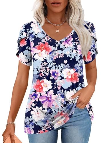 CATHY 2025 Ladies Top Petal Sleeve Plus Size Tunics Casual V-Neck Blouse Soft Beach Shirts for Leggings Mix Light Flower X-Large - Image 1