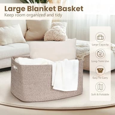 Optish 75L Blanket Basket, Large Woven Baskets for Storage, Blanket Storage for Living Room, Rope Basket with Handles for Bedroom, Nursery, Toys, Clothes, 22” x 17” x 11.5”, Brown - Image 4