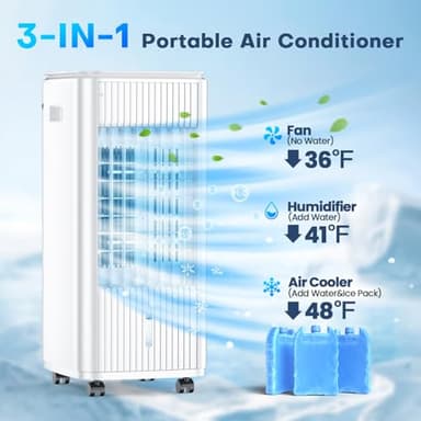 MYICY 3-IN-1 Windowless Air Conditioner w/Double Tanks, Smart Timer, 3 Ice Packs, 60W Evaporative Air Cooler, 70° Oscillation, 3-Speed 25-INCH Swamp Cooler Air Conditioner Portable for Room - Image 2