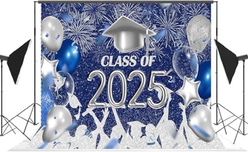 Lofaris Class of 2025 Party Photography Backdrop Royal Blue and Silver Congrats Grad Graduation Caps Background Celebration Graduation Prom Party Decor Banner Photo Booth Props 10x7ft - Image 1