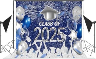 Lofaris Class of 2025 Party Photography Backdrop Royal Blue and Silver Congrats Grad Graduation Caps Background Celebration Graduation Prom Party Decor Banner Photo Booth Props 10x7ft - Image 1