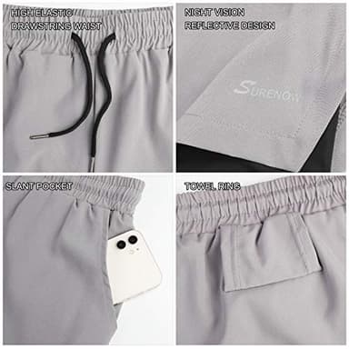 Surenow Mens 2 in 1 Running Shorts Quick Dry Athletic Shorts with Liner, Workout Shorts with Zip Pockets and Towel Loop Light Grey - Image 4