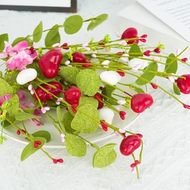 Fairblo 6 Pcs Artificial Silk Flowers for Home Decor Indoor,Fake Flowers with Stems for Vases for Decoration,Faux Flower Arrangements Spring Floral Picks Hearts Berry with Green Leaves(19’’) - Image 8