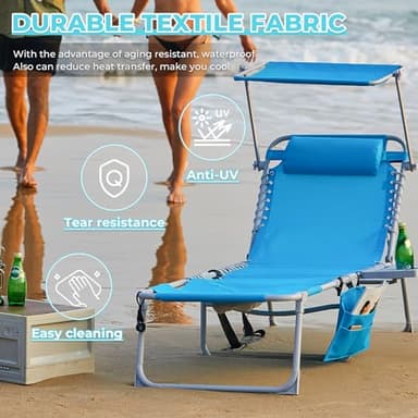#WEJOY 4 in 1 Tanning Chair with Face Hole & Canopy & Side Table, 5 Positions Adjustable Folding Waterproof Facedown Chaise Lounge with Pillow Quick Dry for Beach Pool Outdoor Camping Patio (Blue) - Image 6