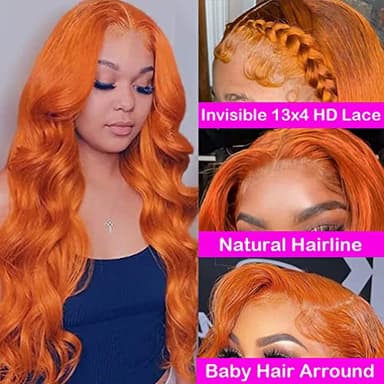 26 Inch 13X4 Orange Ginger Lace Front Wigs Pre Plucked Body Wave Wig Brazilian Colored Virgin Wigs for Black Women Invisible HD Lace Frontal Wig Human Hair 180 Density - Image 3