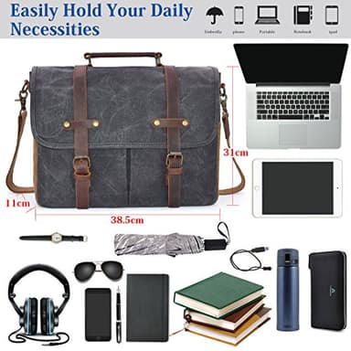 Mens Messenger Bag 15.6 Inch Waterproof Vintage Genuine Leather Waxed Canvas Briefcase Large Satchel Shoulder Bag Rugged Leather Computer Laptop Bag, Grey - Image 3