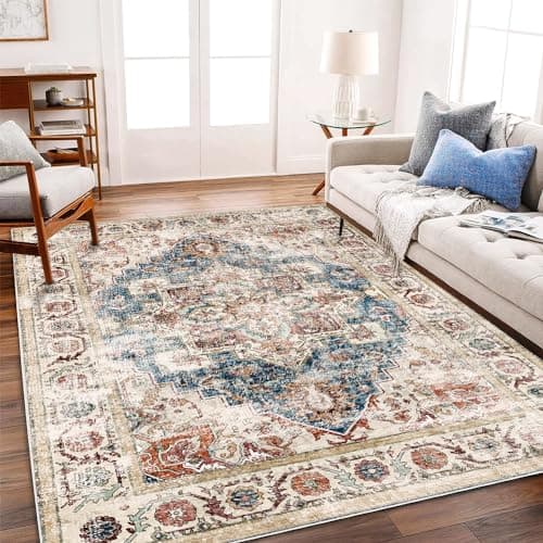 CHAMPLANT Beige Blue Washable Area Rug 8'x10' Boho Chic Medallion Distressed Design Non-Shedding Easy Care Ideal for High Traffic Areas in Living Room Bedroom Office Coffee Table Large Carpet - Image 1