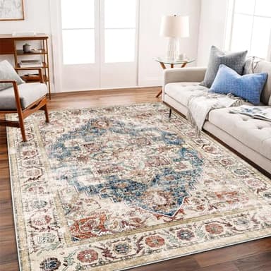 CHAMPLANT Beige Blue Washable Area Rug 8'x10' Boho Chic Medallion Distressed Design Non-Shedding Easy Care Ideal for High Traffic Areas in Living Room Bedroom Office Coffee Table Large Carpet - Image 1