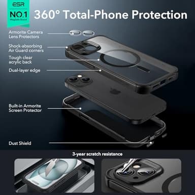 ESR for iPhone 15 Case, Compatible with MagSafe, Full-Body Military-Grade Drop Proof Case with Built-in 9H+ Tempered Glass Screen Protector, Armor Series, Clear Black - Image 3