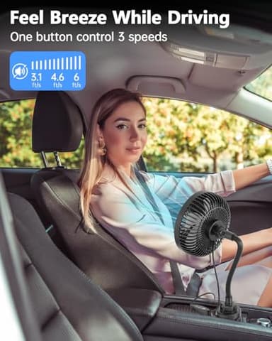 ASKPULION 12V Car fan, 3-Speed Portable Vehicle Fan for Front Seat, Cigarette Lighter Powered with Car Charger, Mounted in Cup Holder, 360° Rotation, Car Necessities for Dog/SUV/RV/Truck/Van - Image 2