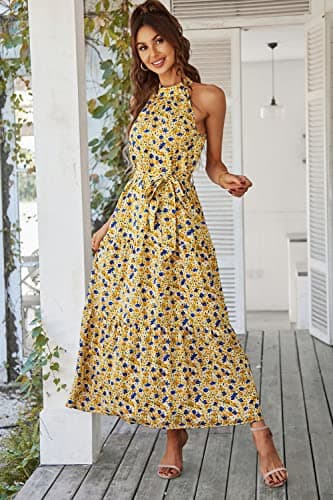 PRETTYGARDEN Women's Summer Floral Maxi Sun Dress Sleeveless Halter Neck Flowy Ruffle Hem Long Boho Dresses with Belt (Floral Yellow,Large) - Image 2