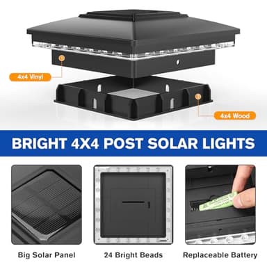 APONUO 4x4 Solar Post Cap Lights 16 Pack - IP65 Waterproof, 24 LED Warm White Solar Lights for 4x4 Wood/Vinyl Fence, Deck, Patio & Yard (Auto On/Off, 10H Runtime, Easy Install) - Image 4