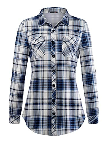 DJT Womens Soft Stretchy Upgrade Thicken Fabric Knit Shirt Button Down Shirts Roll Up Long Sleeve Tops Medium Blue Plaid - Image 2