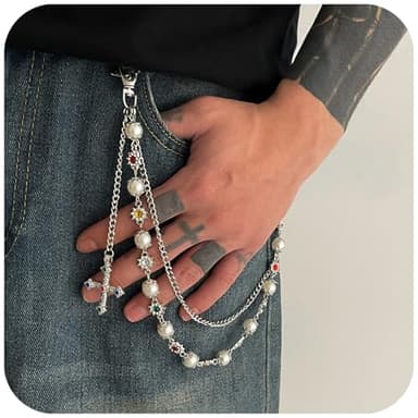 Fashion Layered Pants Wallet Chains - Exquisite Gold Silver Rhinestone Flower Pearl Jean Pocket Chain for Women Men Cute Bag Purse Charms Jewelry (link silver) - Image 3