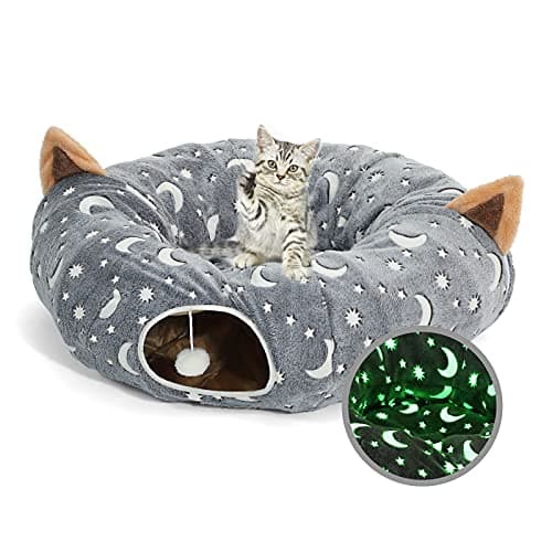 LUCKITTY Cat Tunnel Bed Under Christmas Tree with Plush Ball Toy Playground Crinkle Collapsible Self-Luminous Flannel Fabric 3FT for Large Cats Kittens Kitty Small Animals Puppy Grey Moon Star - Image 1