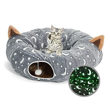 LUCKITTY Cat Tunnel Bed Under Christmas Tree with Plush Ball Toy Playground Crinkle Collapsible Self-Luminous Flannel Fabric 3FT for Large Cats Kittens Kitty Small Animals Puppy Grey Moon Star - Image 1
